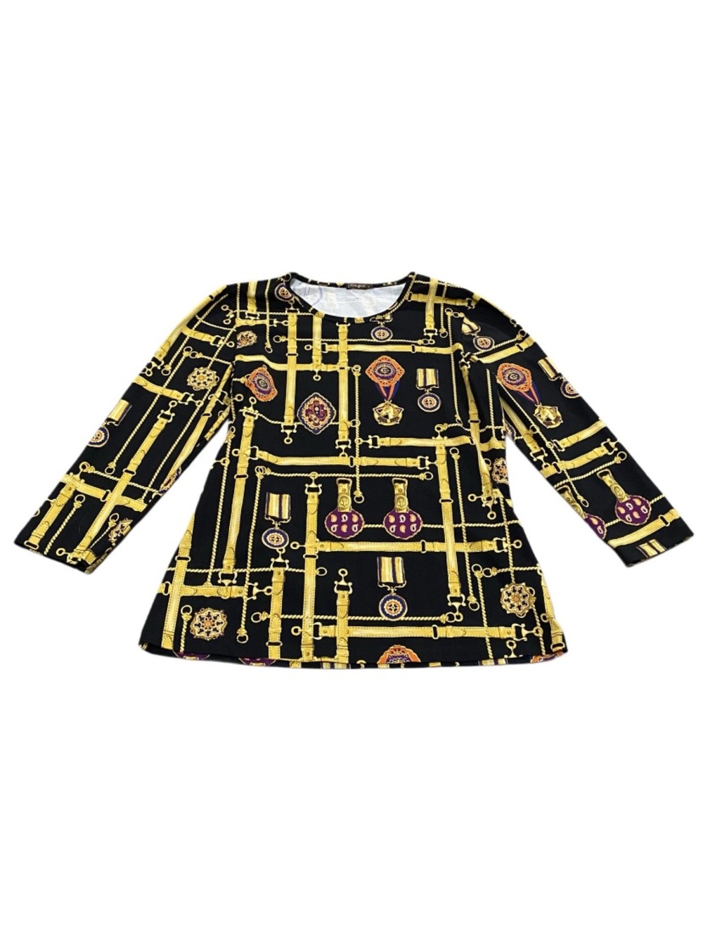 J McLaughlin Equestrian Patterned 3/4 Sleeve Top Catalina Cloth Black Small